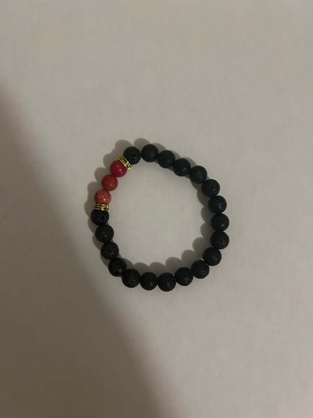 Black Lava Rock and Red Beaded Bracelet Black Red Gold